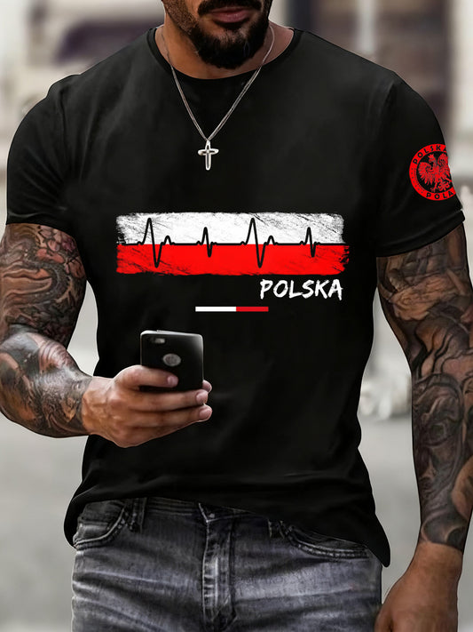 Men's vintage polish flag print casual t-shirt