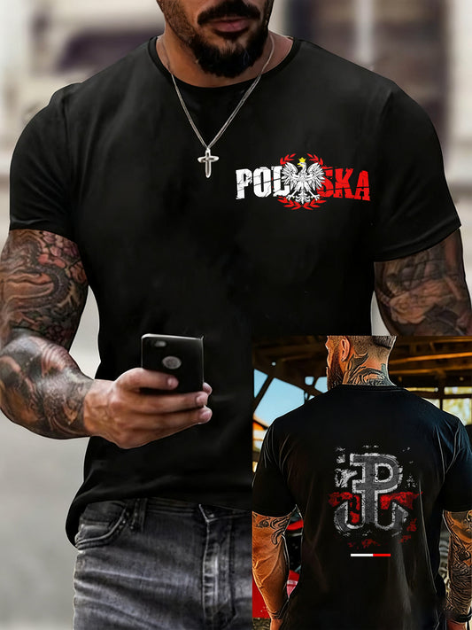 Men's vintage polish flag print casual t-shirt