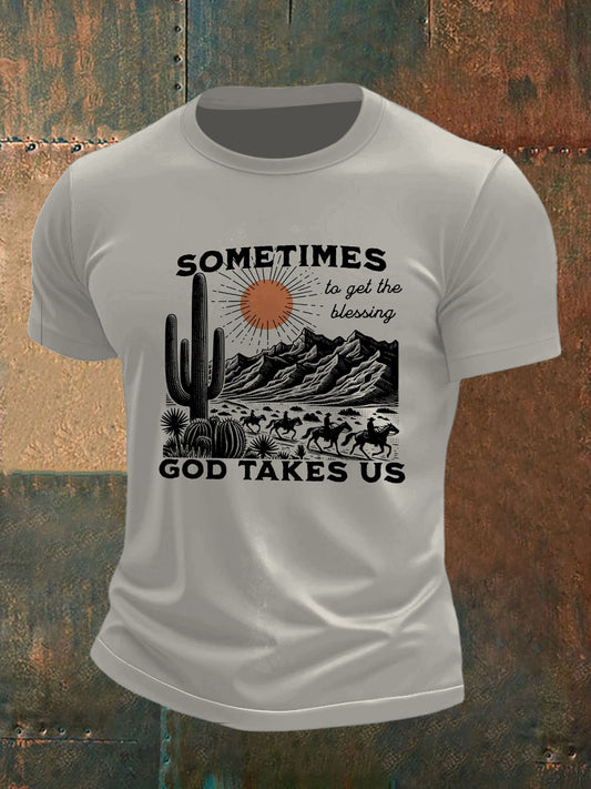 Men's time and landscape print short sleeve t-shirt