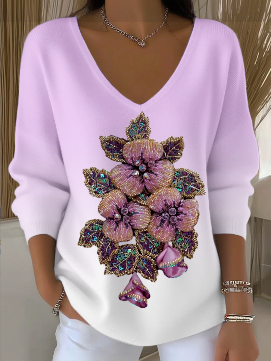 Dámské nádherné růžovébílé gradient vneck svetr s vynikajícím fialovým květinovým korálkem
