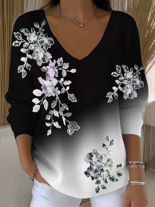 Dámské elegantní černobílý gradient vneck svetr s jemnou květinovou výšivkou