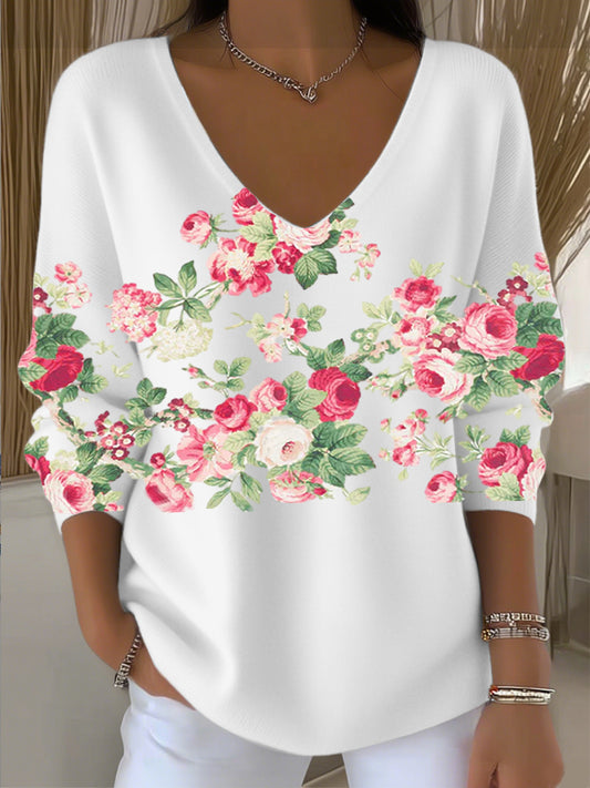 Dámské bílý vneck svetr s růžovou růžovou květinovou tisku