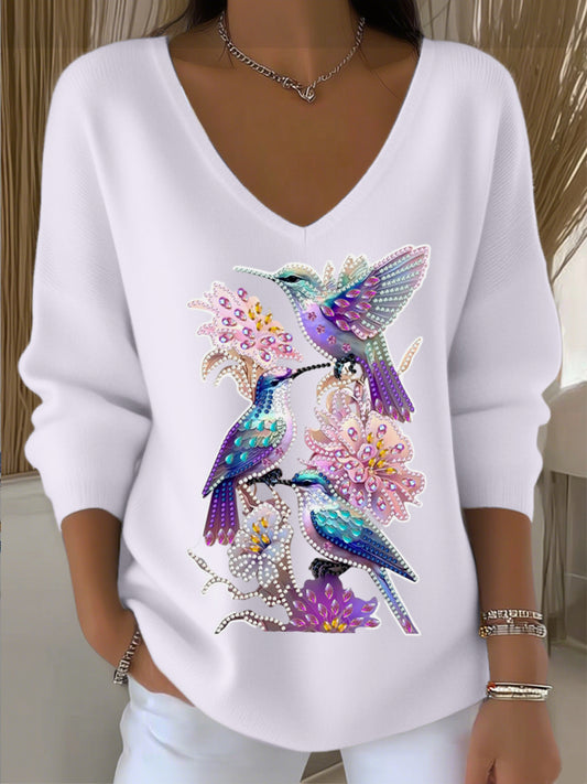 Dámské oslnivé bílé vkrk svetr s vibrant barevný kolibrík & květinové kamen design