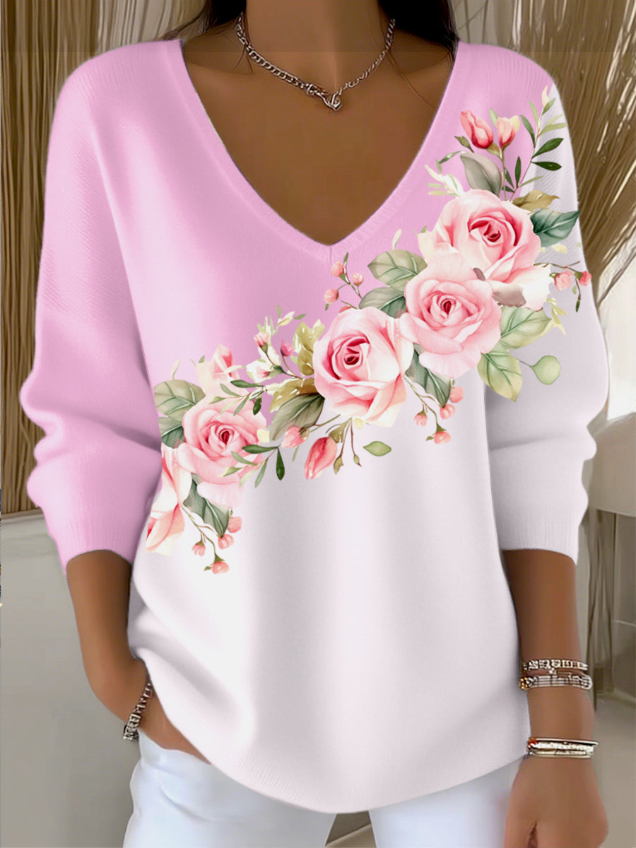 Dámské sladké růžovébílé gradient vneck svetr s romantickou růžovou růžovou tištěnou