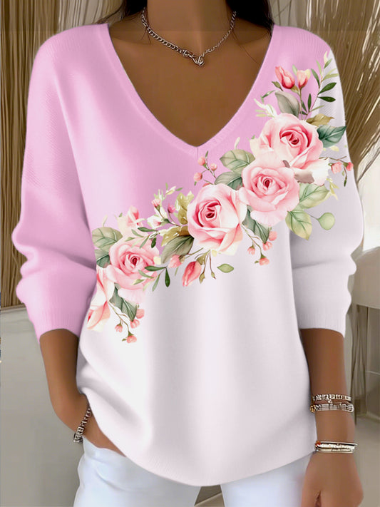 Dámské sladké růžovébílé gradient vneck svetr s romantickou růžovou růžovou tištěnou