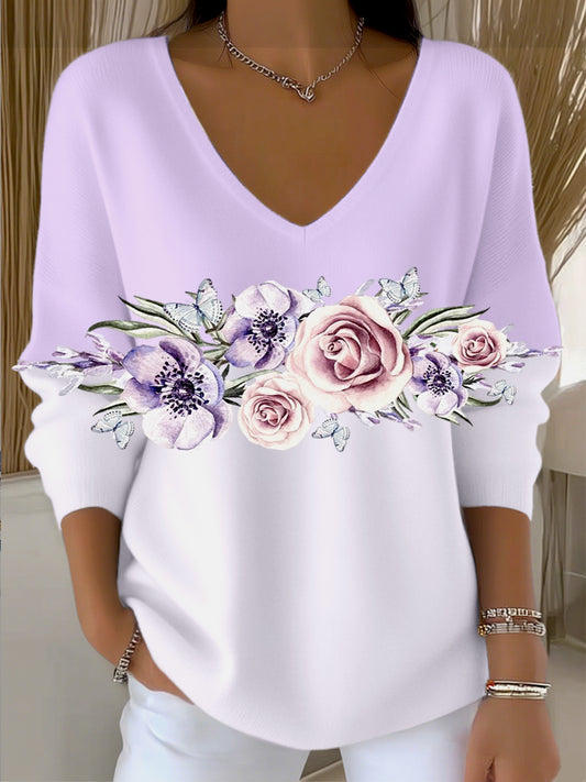 Womens dreamy lavenderwhite gradient vneck sweater with graceful purple floral & butterfly print