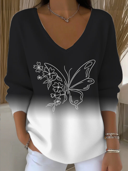 Dámské stylové černobílé gradient vneck svetr s motýlem a květinovou linkou umění