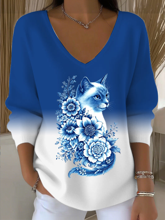 Dámské ohromující modrobílý gradient vneck svetr s modrou kočku a květinový design