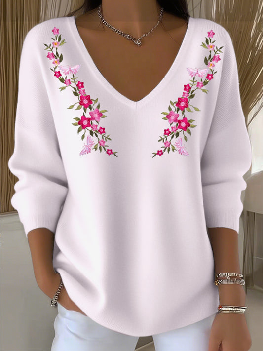 Dámské minimalistický bílý vneck svetr s růžovou červenou květinou a motýlem výšivky na vneck