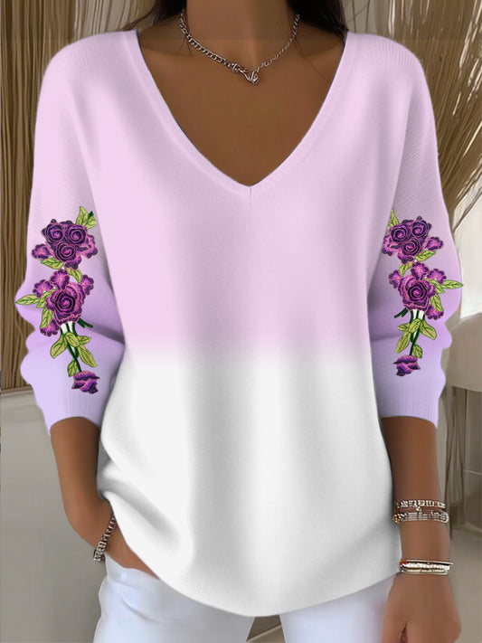 Dámské elegantní fialovobílý gradient vneck svetr s fialovou růžovou výšivkou na rukávech