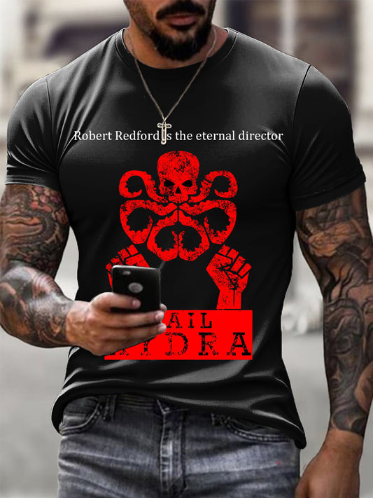 Men bold black tshirt with red hydra symbol & tribute text