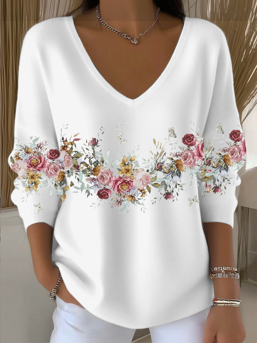 Dámské elegantní bílý vneck svetr s květinou a motýlem vzor