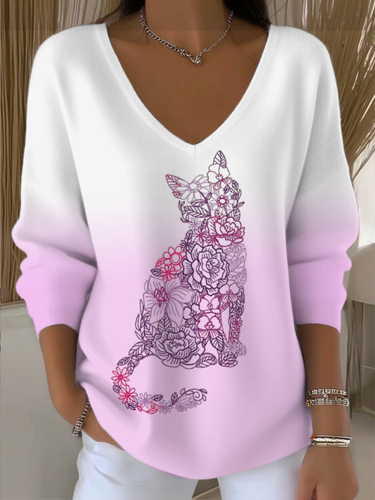 Dámské krásné růžovébílé gradient vneck svetr s květinovou kočku siluetu