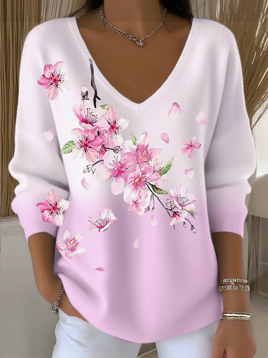 Dámské romantické růžovébílé gradient vneck svetr s růžovým třešňovým květem větev tisk
