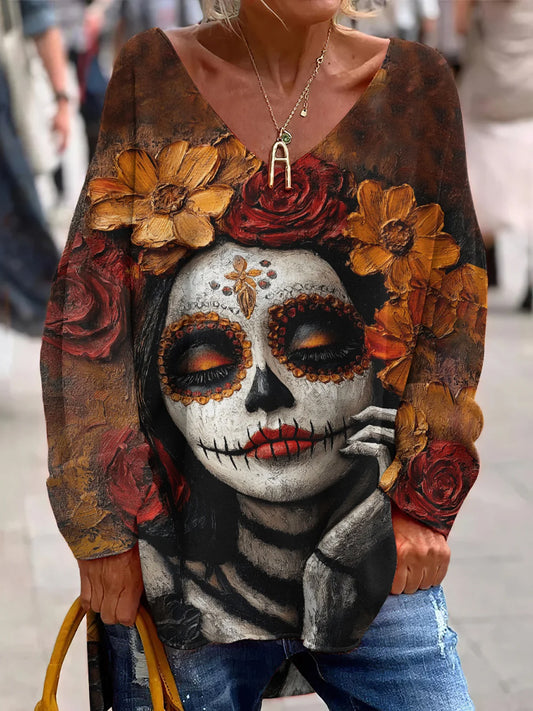 Ročník mexické den mrtvých umění tisk příležitostné vneck top