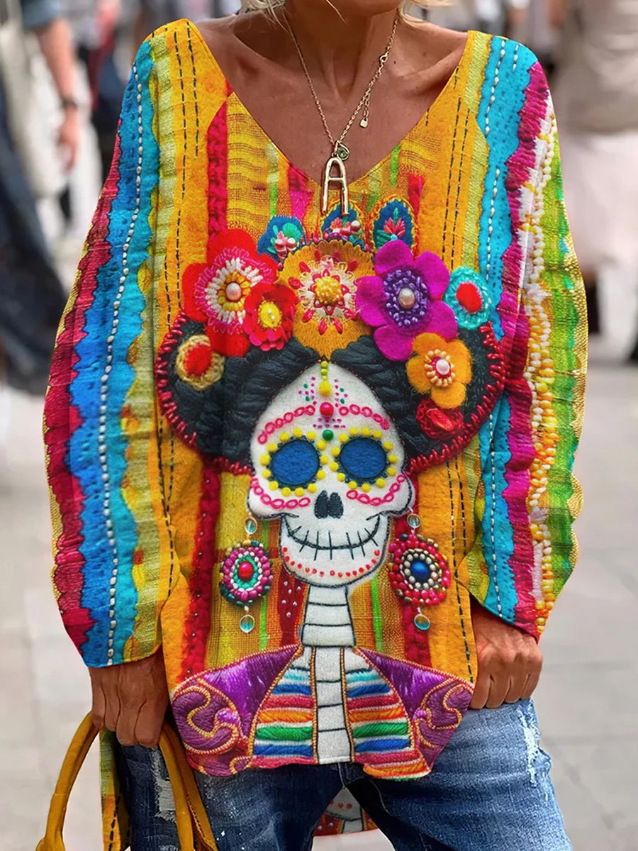 Ročník mexické den mrtvých umění tisk příležitostné vneck top