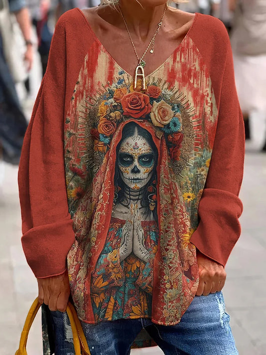 Ročník mexické den mrtvých umění tisk příležitostné vneck top