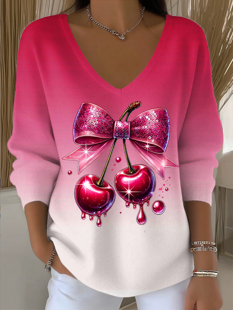 Ženy vintage cherry luk umění vneck top