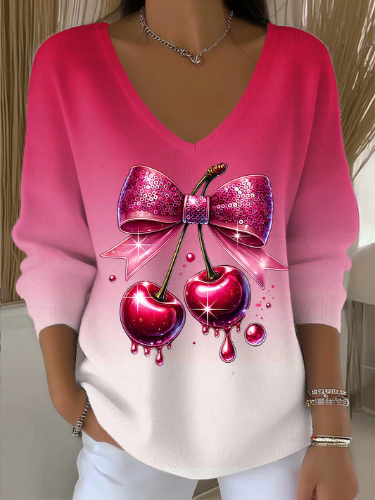 Ženy vintage cherry luk umění vneck top
