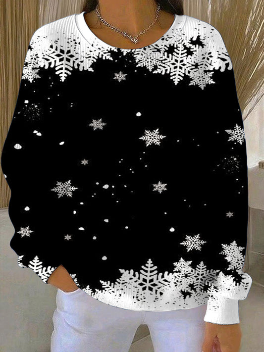 Dámské vánoce elegantní černá sněhová vločka tisk sweatshirt