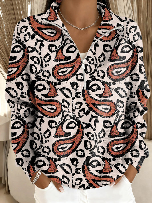 Dámské paisley leopard tisk stojan golier sweatshirt