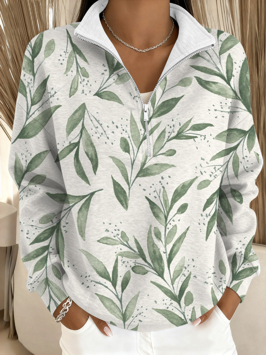 Dámské čerstvé zelené listy otisk stojangolier sweatshirt