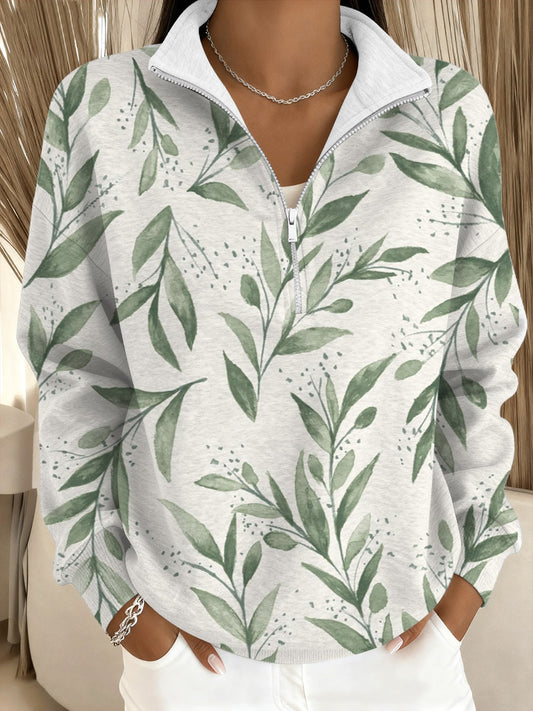 Dámské čerstvé zelené listy otisk stojangolier sweatshirt