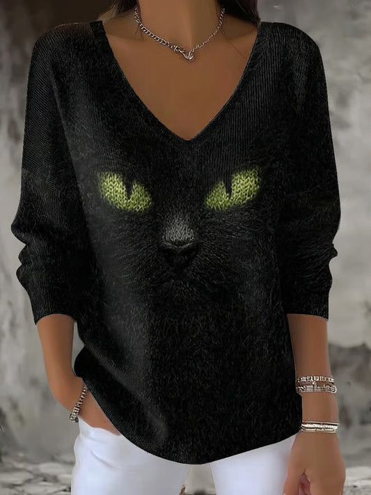 Ženy vintage black cat comfort casual top
