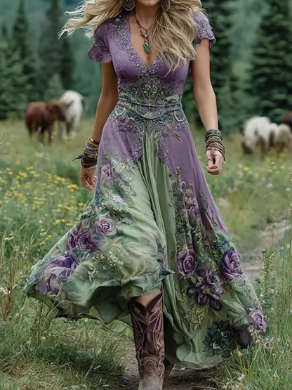 Dámské vintage květinové pohodlí midi šaty