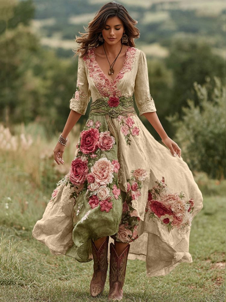 Dámské vintage květinové pohodlí midi šaty