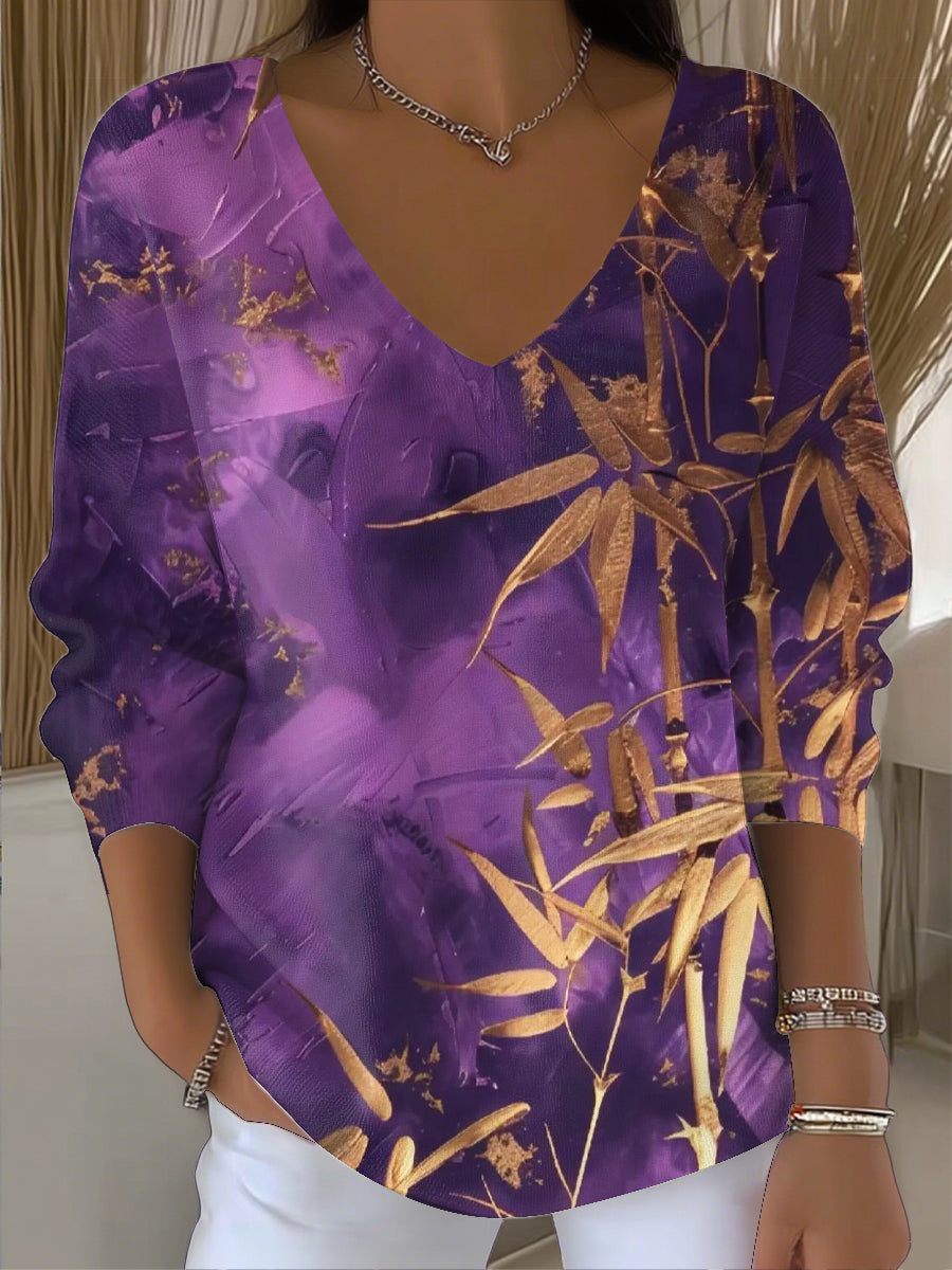 Ženy vintage abstraktní bambusové listy umění vneck top