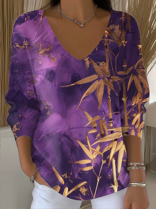 Ženy vintage abstraktní bambusové listy umění vneck top