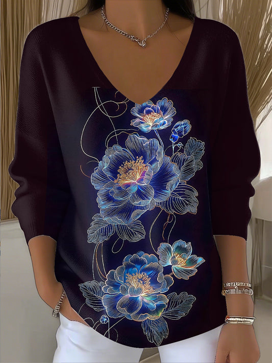 Ženy vintage romantické květinové umění vneck top