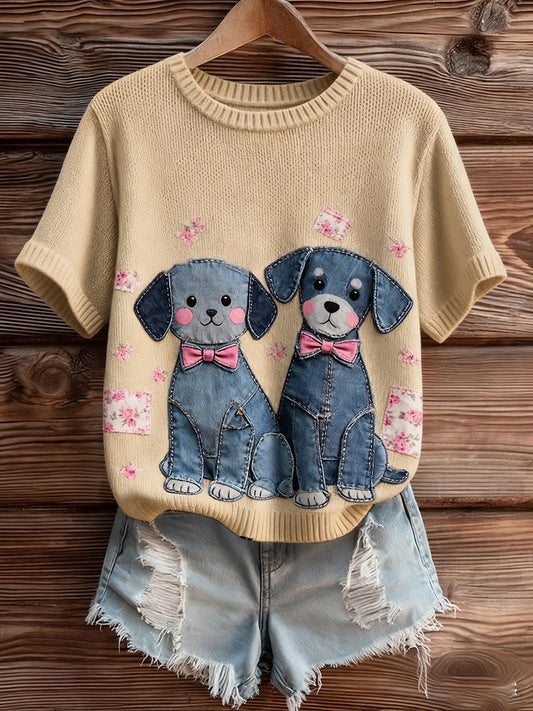 Dámské vintage umění zvířecí tisk útulný pletený krátký rukáv svetr