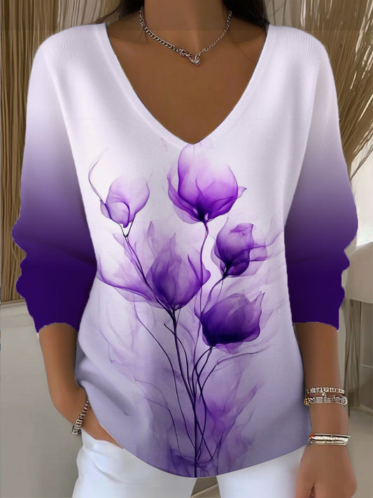 Dámské fialové květinové gradient vneck svetr