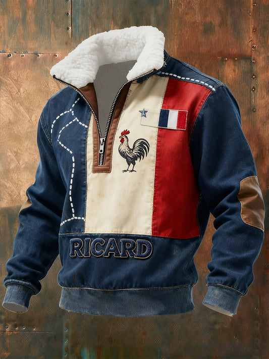 Pánské vintage francouzské vlajky ricard příležitostné zipup kožešiny goličky mikina