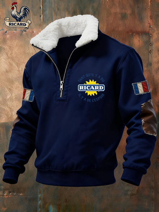 Pánské vintage francouzské vlajky ricard příležitostné zipup kožešiny goličky mikina
