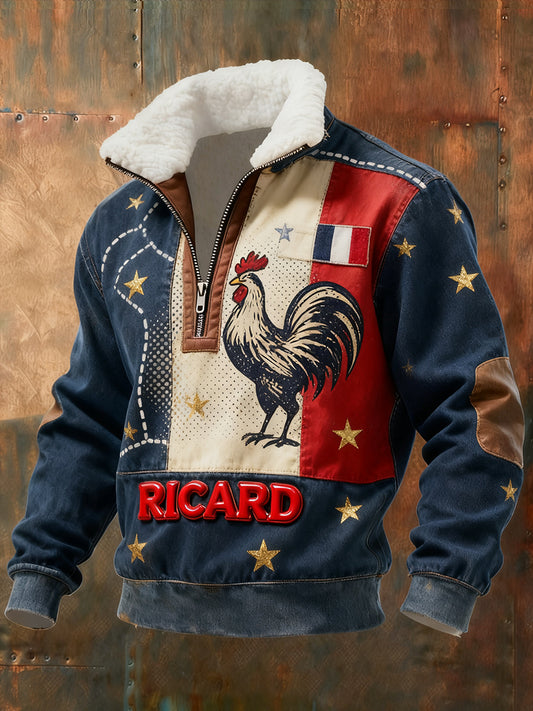 Pánské vintage francouzské vlajky ricard příležitostné zipup kožešiny goličky mikina