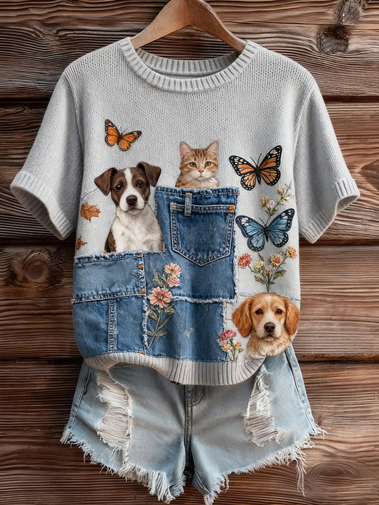 Dámské umělecké zvířecí tisk pohodlné pletené krátké rukávy top