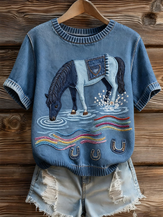 Dámské umělecké zvířecí tisk pohodlné pletené krátké rukávy top