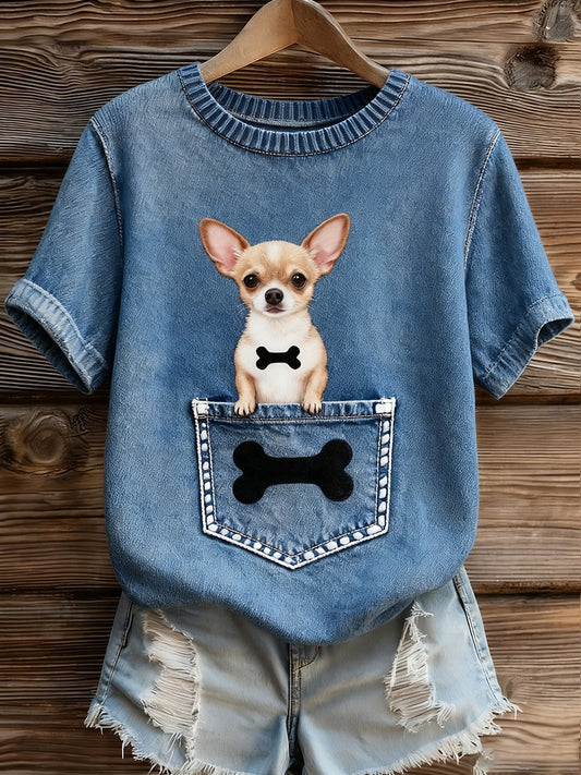 Dámské umělecké zvířecí tisk pohodlné pletené krátké rukávy top