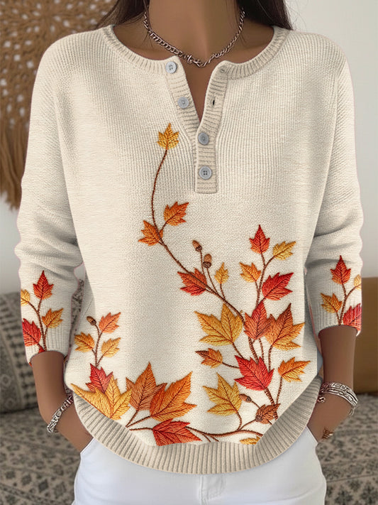 Ženské díkuvzdání javorový list henley neck svetr
