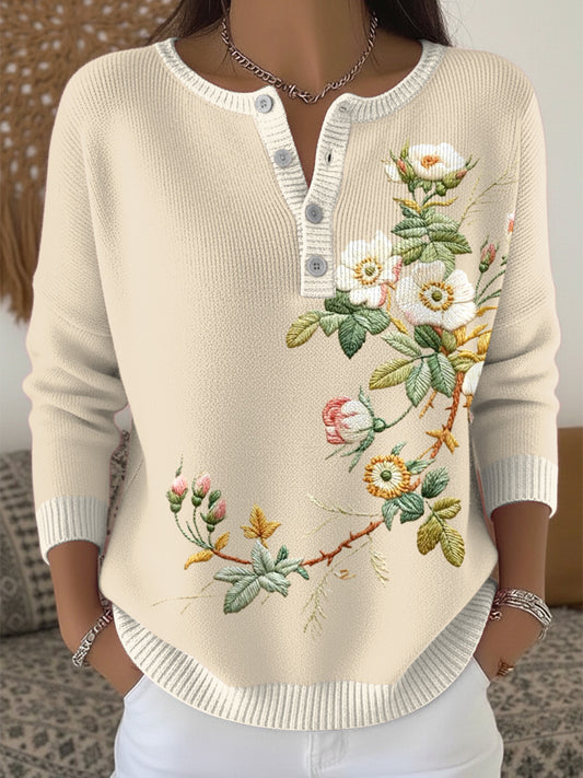 Dámské květinové výšivky elegance henley neck svetr