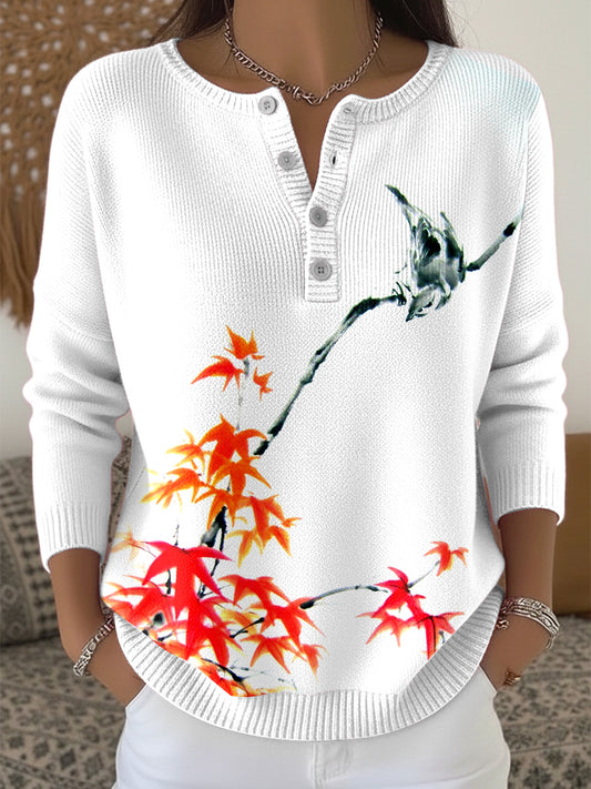 Dámské květinové bílé henley krk svetr