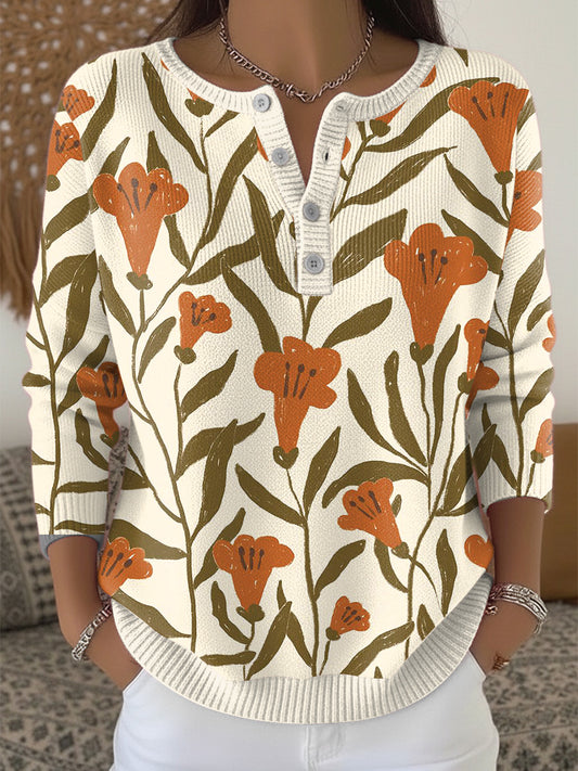 Dámské květinové roztomilé příležitostné henley krk svetr