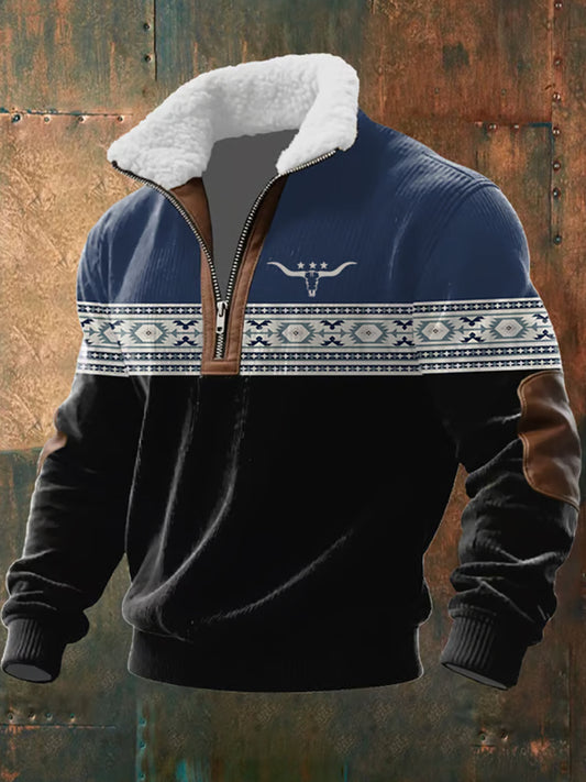 Pánská retro mikina s potiskem westernového motivu, ležérním zipem a kožešinovým límcem