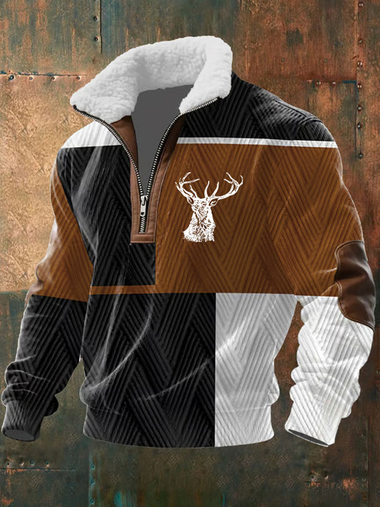 Pánská retro mikina s potiskem westernového motivu, ležérním zipem a kožešinovým límcem