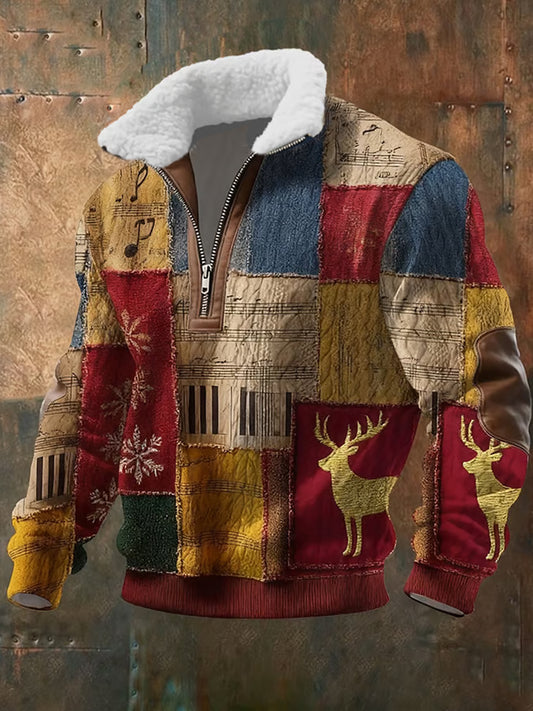 Pánské retro vánoční umění tisk příležitostné zips kožešinový golier mikina