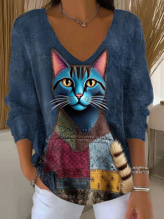 Dámské retro zvířecí tisk casual s dlouhým rukávem top