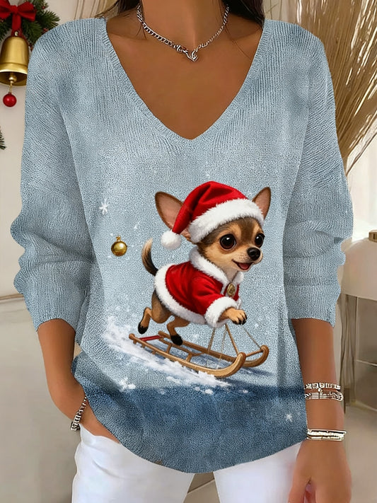 Ženy vintage vánoční zvířecí tisk casual dlouhý rukáv top